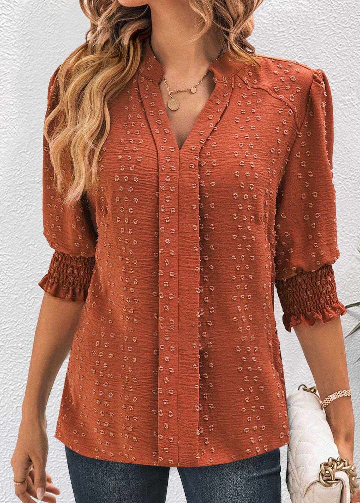 Brick Red tops,Plain Color tops,ROTITA Jacquard Brick Red Split Neck Half Sleeve Blouse