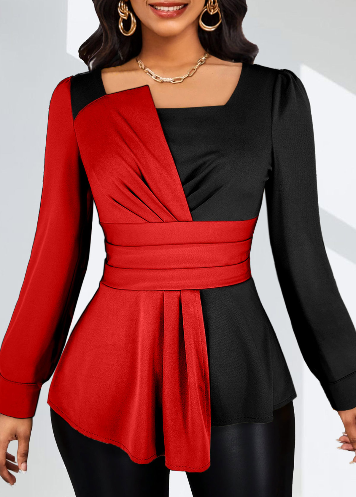 ROTITA Asymmetry Red Square Neck Long Sleeve Blouse