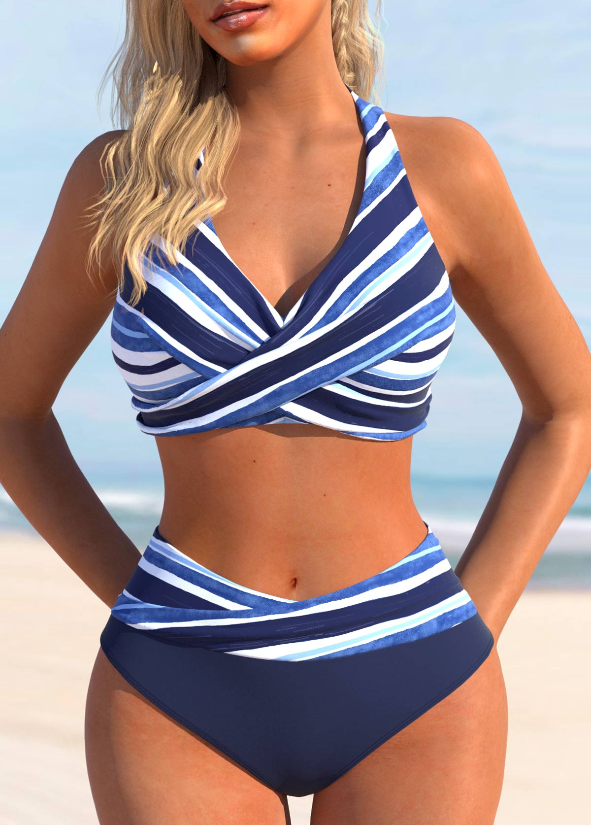 ROTITA Criss Cross Navy Striped Bikini Set