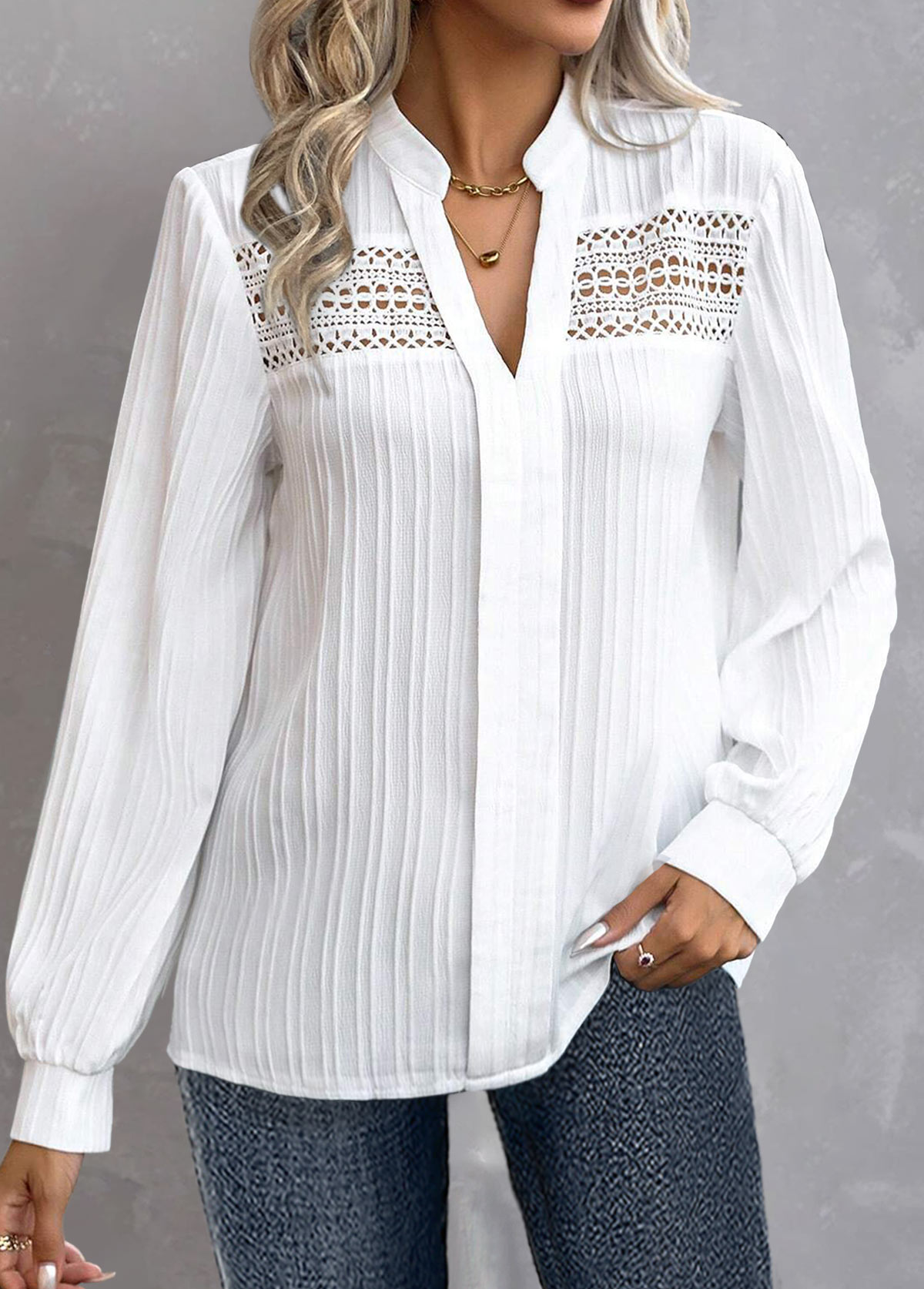ROTITA Embroidery White Split Neck Long Sleeve Blouse