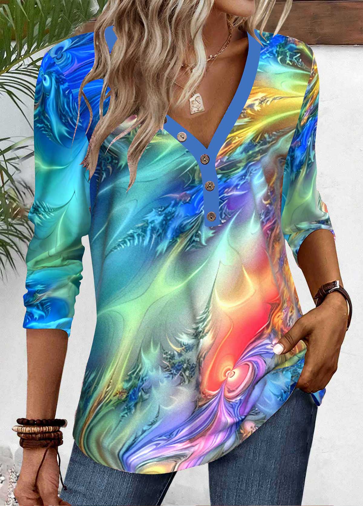 ROTITA Button Dazzle Colorful Print Multi Color T Shirt