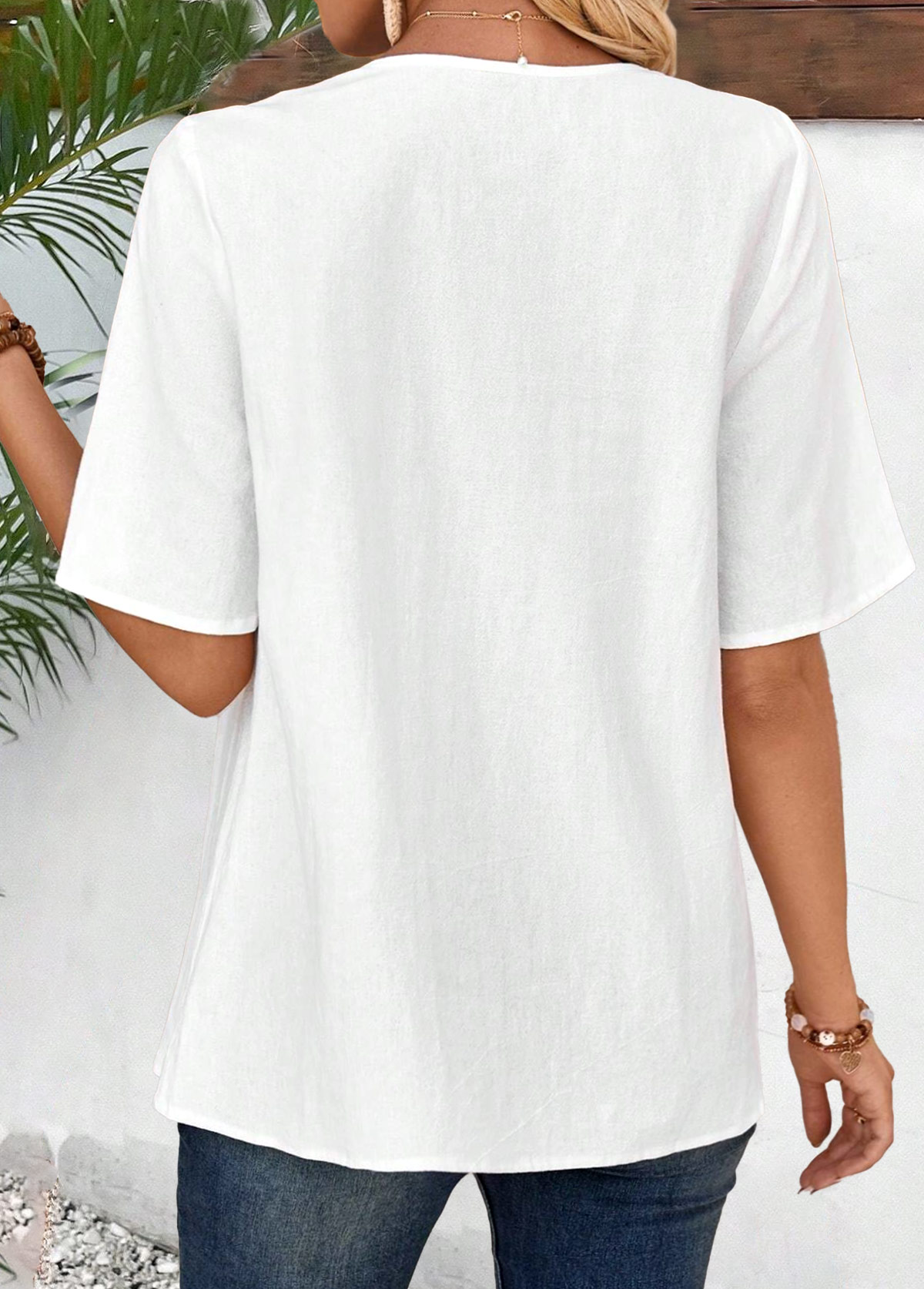 White tops,Plain Color tops,ROTITA Embroidery White V Neck Half Sleeve Blouse