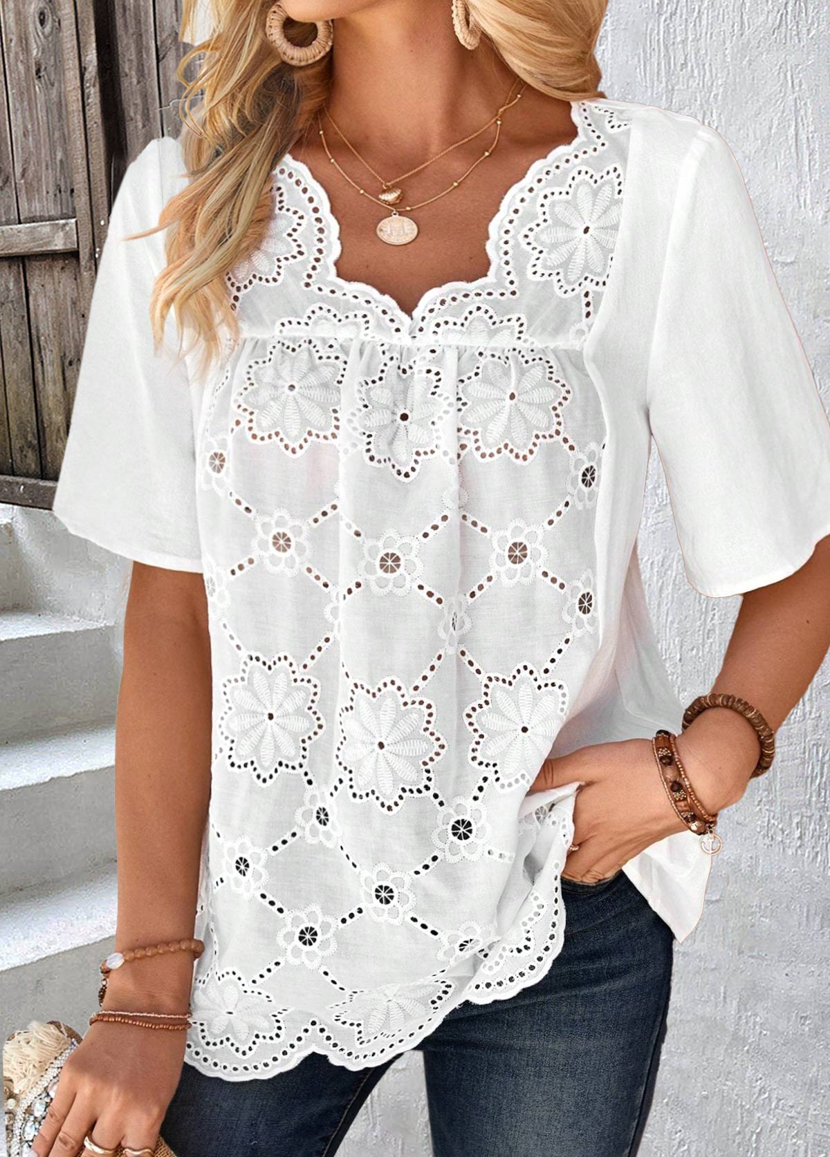 White tops,Plain Color tops,ROTITA Embroidery White V Neck Half Sleeve Blouse