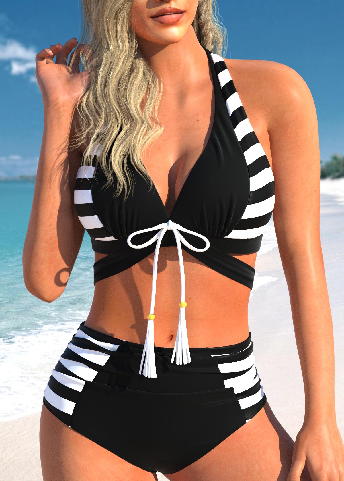 ROTITA Cutout Bowknot Black Striped Bikini Set