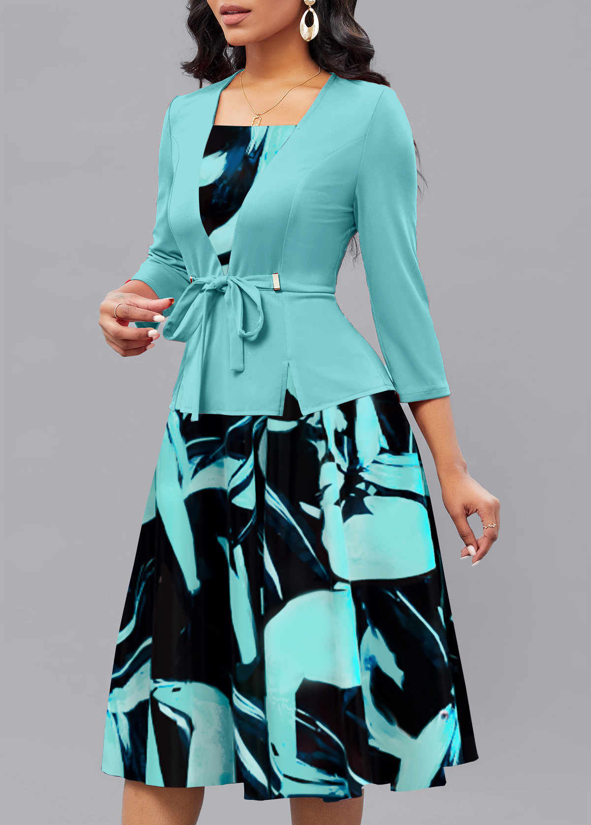 Mint Green dresses,Black dresses,Floral dresses,Plants dresses,Party dresses,Elegant dresses,ROTITA Fake 2in1 Floral Print Mint Green Square Neck Dress