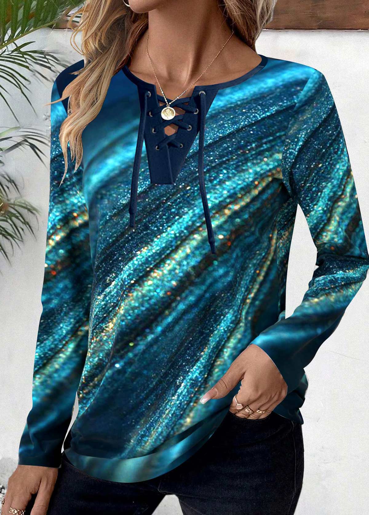 ROTITA Lace Up Ombre Peacock Blue Long Sleeve T Shirt