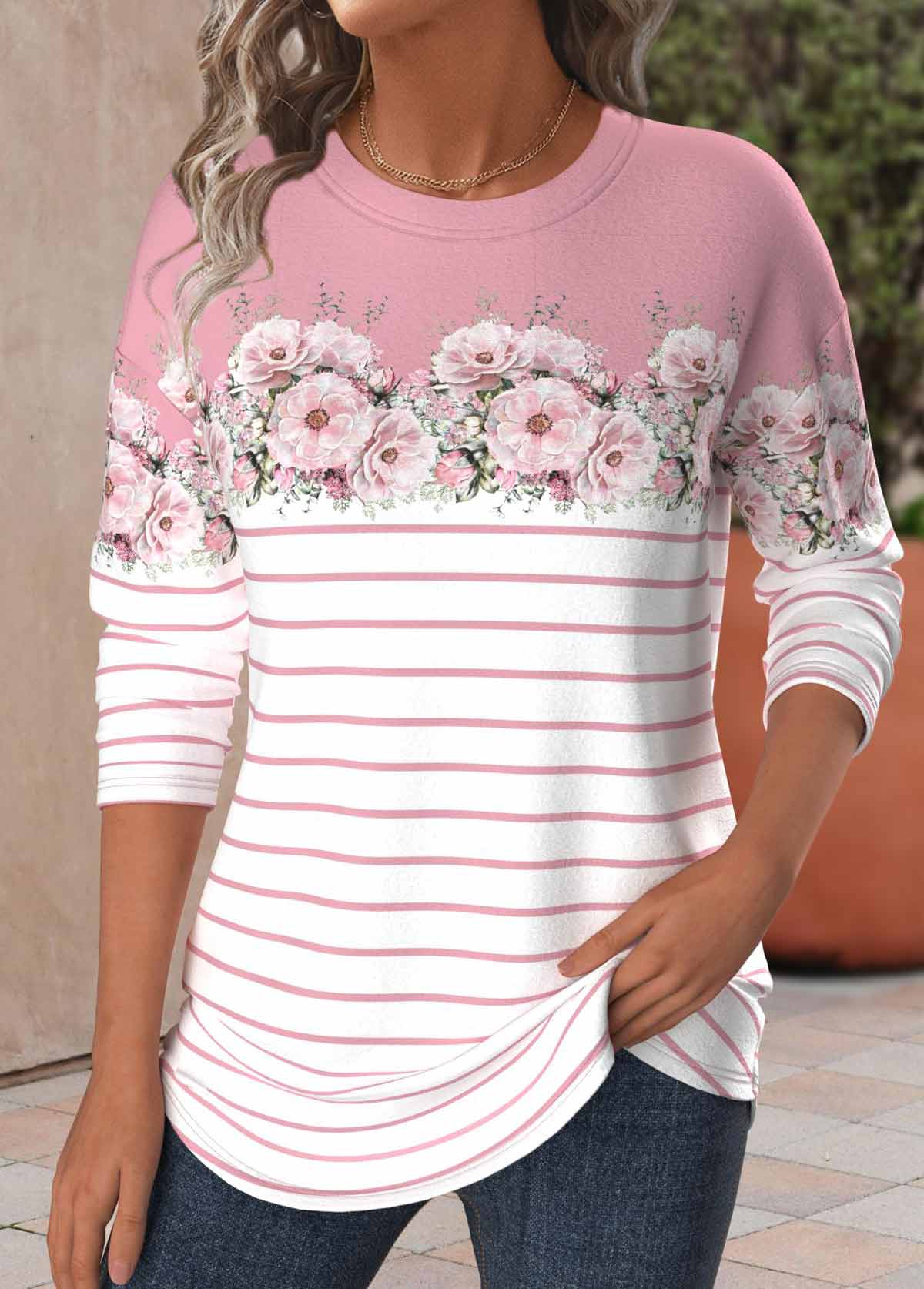 ROTITA Patchwork Floral Print Pink Round Neck T Shirt