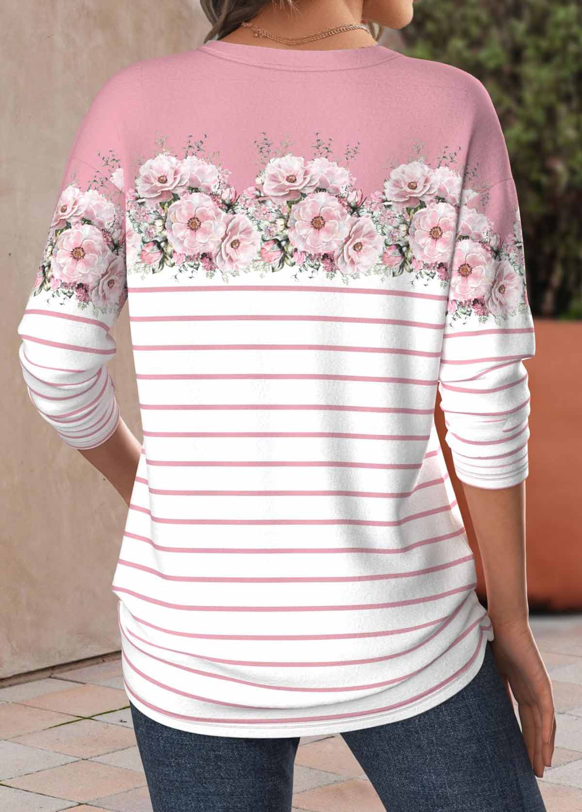 Pink plus size,White plus size,Floral plus size,Plants plus size,Striped plus size,ROTITA Plus Size Patchwork Pink Floral Print T Shirt