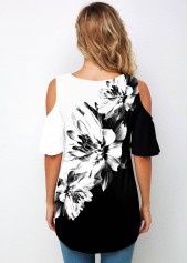 Multi Color tops,Floral tops,ROTITA Cold Shoulder Floral Print Half Sleeve T Shirt