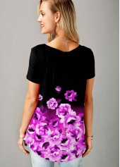 Purple tops,Floral tops,ROTITA Short Sleeve Floral Print Split Neck T Shirt