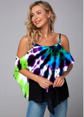 Multi Color tops,Rainbow Color tops,Tie Dye tops,ROTITA Asymmetric Hem Tie Dye Print Mesh Stitching T Shirt