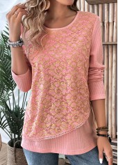 Dusty Pink tops,Plain Color tops,ROTITA Layered Dusty Pink Round Neck Long Sleeve T Shirt