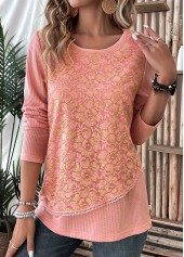 Dusty Pink tops,Plain Color tops,ROTITA Layered Dusty Pink Round Neck Long Sleeve T Shirt
