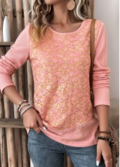 Dusty Pink tops,Plain Color tops,ROTITA Layered Dusty Pink Round Neck Long Sleeve T Shirt