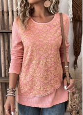 Dusty Pink tops,Plain Color tops,ROTITA Layered Dusty Pink Round Neck Long Sleeve T Shirt
