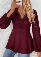 Wine Red tops,Plants tops,ROTITA Patchwork Leaf Print Wine Red V Neck Blouse