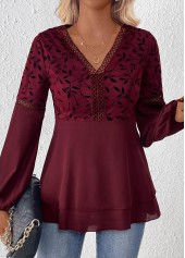 Wine Red tops,Plants tops,ROTITA Patchwork Leaf Print Wine Red V Neck Blouse