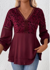 Wine Red tops,Plants tops,ROTITA Patchwork Leaf Print Wine Red V Neck Blouse