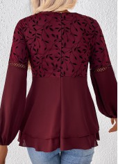 Wine Red tops,Plants tops,ROTITA Patchwork Leaf Print Wine Red V Neck Blouse