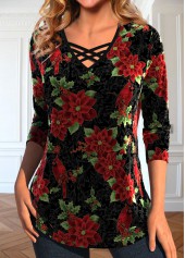 Black tops,Red tops,Floral tops,Plants tops,ROTITA Velvet Christmas Print Black V Neck T Shirt