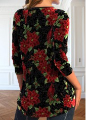 Black tops,Red tops,Floral tops,Plants tops,ROTITA Velvet Christmas Print Black V Neck T Shirt