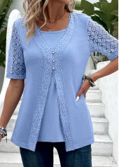 Dusty Blue tops,Plain Color tops,ROTITA Fake 2in1 Dusty Blue V Neck T Shirt