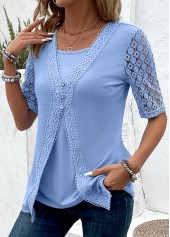 Dusty Blue tops,Plain Color tops,ROTITA Fake 2in1 Dusty Blue V Neck T Shirt