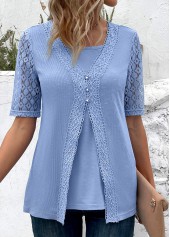 Dusty Blue tops,Plain Color tops,ROTITA Fake 2in1 Dusty Blue V Neck T Shirt