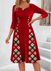 Red dresses,Plaid dresses,Striped dresses,Geometric dresses,Everyday dresses,Casual dresses,ROTITA Patchwork Plaid Red Heart Collar Long Sleeve Dress