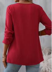 Red tops,Plain Color tops,ROTITA Patchwork Red Round Neck Long Sleeve Blouse