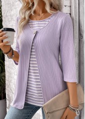 Light Purple tops,Striped tops,Geometric tops,ROTITA Striped Light Purple Round Neck Fake Two Piece Twinset