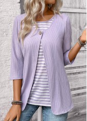 Light Purple tops,Striped tops,Geometric tops,ROTITA Striped Light Purple Round Neck Fake Two Piece Twinset