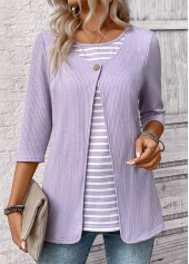 Light Purple tops,Striped tops,Geometric tops,ROTITA Striped Light Purple Round Neck Fake Two Piece Twinset