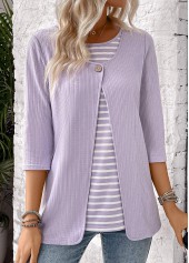 Light Purple tops,Striped tops,Geometric tops,ROTITA Striped Light Purple Round Neck Fake Two Piece Twinset
