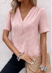 Pink tops,Plain Color tops,ROTITA Pearl Pink V Neck Short Sleeve Blouse