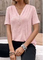 Pink tops,Plain Color tops,ROTITA Pearl Pink V Neck Short Sleeve Blouse