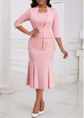 Pink dresses,Plain Color dresses,Party dresses,Elegant dresses,ROTITA Fake 2in1 Pink Square Neck 3/4 Sleeve Bodycon Dress