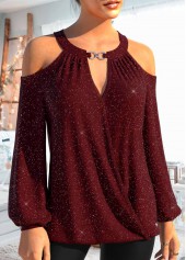 Wine Red tops,Plain Color tops,ROTITA Cut Out Wine Red Round Neck Long Sleeve Shirt