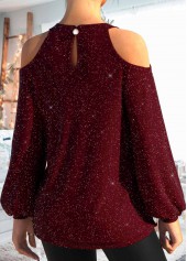 Wine Red tops,Plain Color tops,ROTITA Cut Out Wine Red Round Neck Long Sleeve Shirt