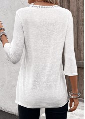 White tops,Floral tops,Plants tops,Geometric tops,Striped tops,ROTITA Patchwork Floral Print White Split Neck 3/4 Sleeve Blouse