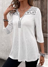 White tops,Floral tops,Plants tops,Geometric tops,Striped tops,ROTITA Patchwork Floral Print White Split Neck 3/4 Sleeve Blouse