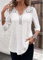 White tops,Floral tops,Plants tops,Geometric tops,Striped tops,ROTITA Patchwork Floral Print White Split Neck 3/4 Sleeve Blouse