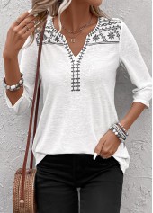 White tops,Floral tops,Plants tops,Geometric tops,Striped tops,ROTITA Patchwork Floral Print White Split Neck 3/4 Sleeve Blouse