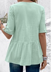 Light Green tops,Plain Color tops,ROTITA Patchwork Light Green V Neck Short Sleeve Blouse