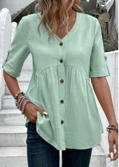 Light Green tops,Plain Color tops,ROTITA Patchwork Light Green V Neck Short Sleeve Blouse