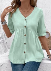 Light Green tops,Plain Color tops,ROTITA Patchwork Light Green V Neck Short Sleeve Blouse