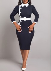 Black dresses,White dresses,Contrast Color dresses,Wear to Work dresses,Work dresses,ROTITA Contrast Binding Black Belted Polo Collar Dress