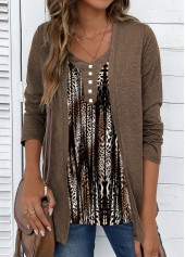 Dark Coffee tops,Leopard tops,Striped tops,Geometric tops,Animal Print tops,ROTITA Fake 2in1 Leopard Dark Coffee V Neck T Shirt