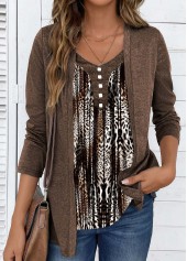 ROTITA Fake 2in1 Leopard Dark Coffee V Neck T Shirt