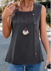 Dark Grey tops,Plain Color tops,Button Dark Grey Square Neck Sleeveless Tank Top